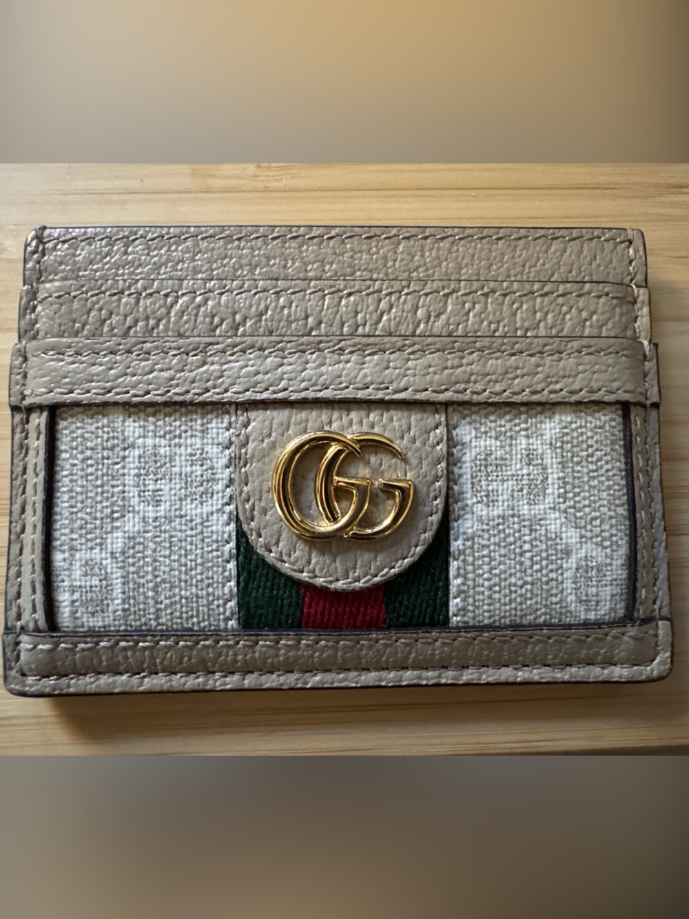 Beige Leather Card Holder with Gold Accent